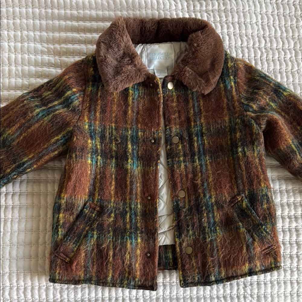 Plaid Kids Jacket with Faux Fur Collar